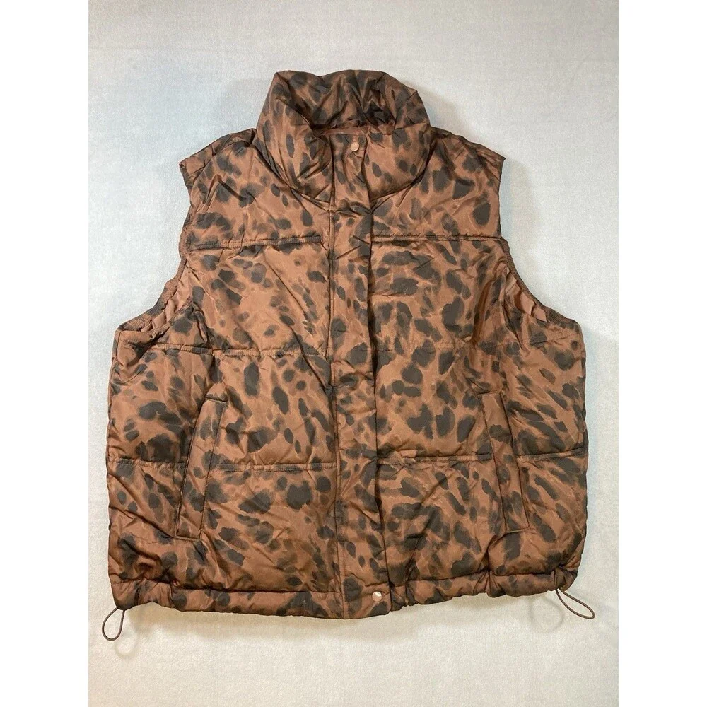 Old Navy Women’s Large Brown Black Animal Print Puffer Vest Sleeveless Pockets - Picture 1 of 7